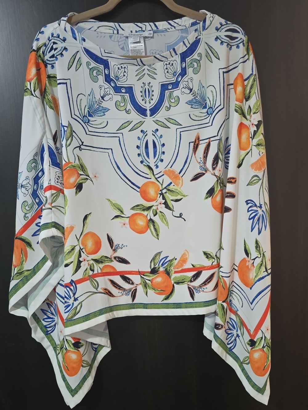 Chico's Orange Citrus & Blue Majolica Tile Print Kaftan Poncho Blouse